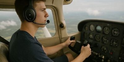 Pilot med headset styrer et småfly fra cockpiten