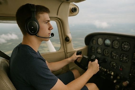 Pilot med headset styrer et småfly fra cockpiten